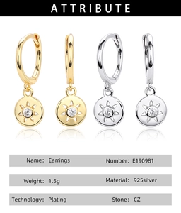 Detailed specs of sun-shaped 925 silver earrings with CZ stones in gold and silver