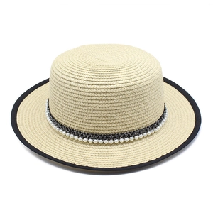 French Retro Straw Boater Hat With Faux Artificial Pearl Band Elegant Flat Top Wide Brim Sun Protection Summer Beach Vacation Cap For Women