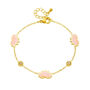 18k gold plated stainless steel bracelet with pink enamel lotus charms and crystals