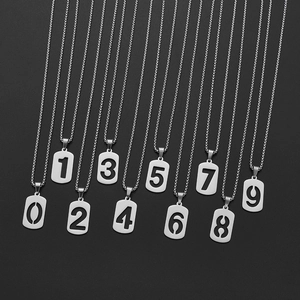 Ten stainless steel silver number necklaces with 0-9 cutout military style pendants