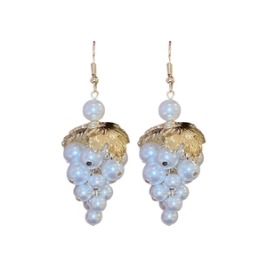 French vintage grape cluster earrings with leaves and purple pearls on gold hooks