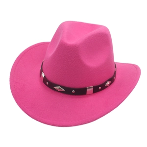 Detail of bright pink cowboy hat featuring black leather band with silver metal studs