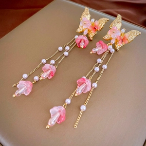 Boucles D'oreilles Longues À Pampilles Papillon Et Fleur Avec Imitation Künstliche Perle Cristal Et Tige En Argent Élégant
