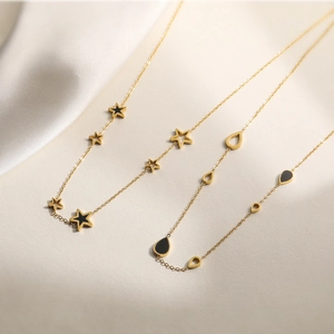 18K gold plated stainless steel necklace with black drip oil star and teardrop pendants