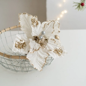 Elegant 22cm white velvet poinsettia with gold sequins for Christmas tree decoration