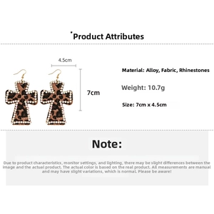 Detail view of leopard print cross earrings with alloy material and rhinestone size dimensions