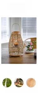 Dettaglio dell'intreccio in bambù con porta candela in vetro per decorazioni da tè zen