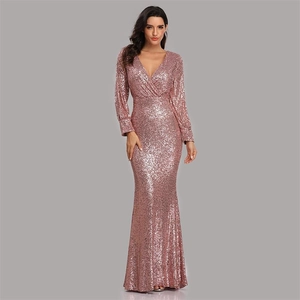 Elegant rose gold sequin evening gown with a V-neck, long sleeves and fishtail silhouette