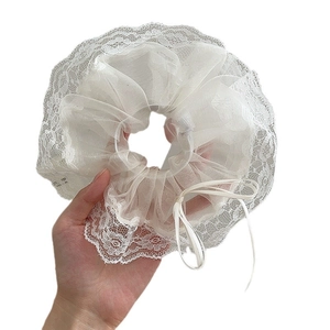 White lace mesh scrunchie with delicate ribbon bow and ballet style handmade design