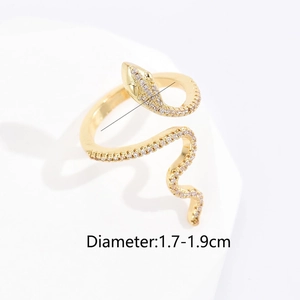 Detail view of 18K gold snake ring with zircon inlay and 1.7-1.9cm diameter info