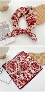 Detail of red and white vintage floral cotton linen square scarf with lace trim