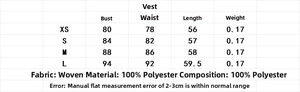 Size chart showing bust, waist, and length measurements for the beaded vest and pants set