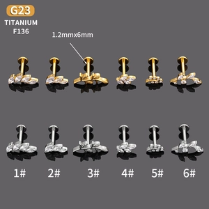 Stud labret en titane G23 motif feuille d'olivier avec zircone, jauge 1.2mm et 6mm long