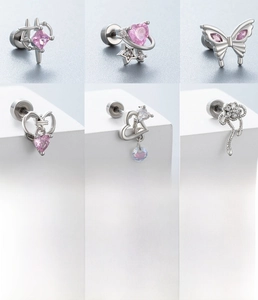 Details von Herz Schmetterling Titanstahl Ohrsteckern mit rosa Zirkonia Steinen