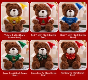 Close-up of Christmas teddy bears in various festive outfits and colorful holiday hats
