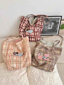 Plaid Tote Bag Large Capacity Canvas Shoulder Bag With Cartoon Animal Embroidery Korean Ins Vintage Handbag For Women