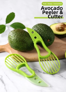 Close-up of a 3-in-1 avocado slicer tool for cutting, pitting, and slicing on a countertop