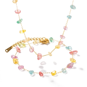 Colorful natural tourmaline stone beaded bracelet with gold stainless steel chain