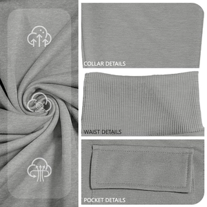 Grey hooded sweatshirt details showing collar, ribbed waist and breathable knit fabric