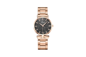 Detail of rose gold watch with black leaf texture dial and stainless steel band