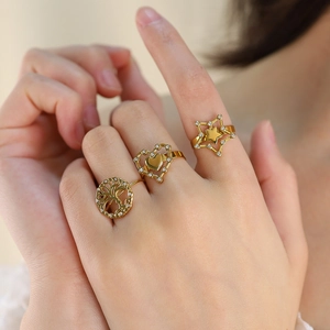 Stainless Steel Tree Of Life Heart Star Open Rings For Women Pave Rhinestone Geometric Hollow Adjustable Fashion Jewelry Finger Rings