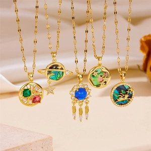 Minimalist gold titanium necklace with star moon heart charms and colorful zircons