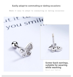 Detail of S925 sterling silver butterfly stud earring with screw back and zircon wing