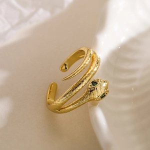 Vintage 18K gold plated snake ring with green zircon eyes and embossed scale texture