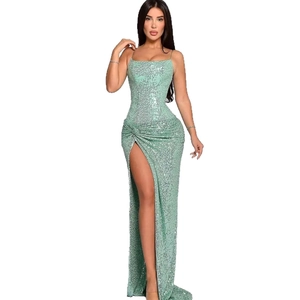 Elegant mint green sequin maxi dress with spaghetti straps and high side slit