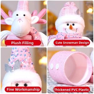 Pink Christmas gift box with reindeer and snowman plush toppers on thick PVC jar