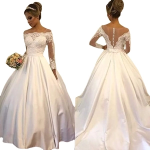 Elegant white satin wedding gown with lace sleeves and bow back detail in a dual view