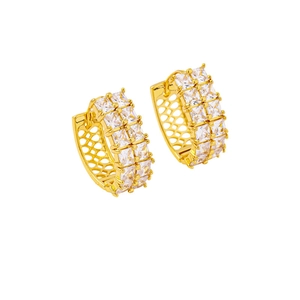 Elegant gold earrings with double-row cubic zirconia stones and geometric hollow design