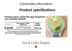Detailed view of Easter egg tin box dimensions and weight on a digital scale
