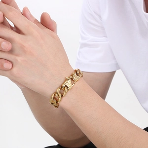 Macro view of gold-plated curb chain bracelet featuring intricate dragon head clasp detail