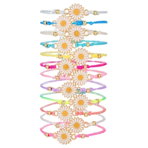 Colorful 12pcs Bohemian woven bracelet set with sunflower alloy charms on white base