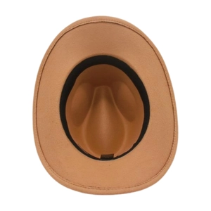 Detail view of the interior sweatband and size label of a brown felt western cowboy hat