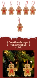Macro detail of felt gingerbread man Christmas ornaments with red embroidered letters