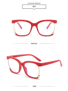 Detail view of red cat-eye glasses frame with gold metal lower rim and side profile