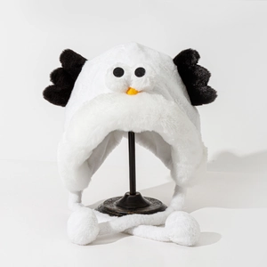 Cute Bird Plush Ear Flap Hat Winter Thermal Windproof Faux Fur Trapper Cap With Wings And Pom Poms For Women