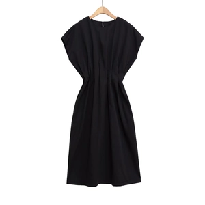 Elegant sleeveless black midi dress with a cinched waist and slimming A-line silhouette