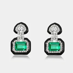 Vintage Lab Created Emerald Earrings 925 Sterling Silver With Black Enamel And White Cubic Zirconia Art Deco Style