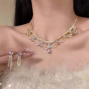 Waterdrop Rhinestone Necklace Earrings Jewelry Set Gold Plated Vintage Court Style Women Party Accessory Silver Earring Post
