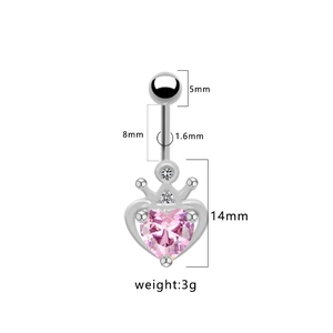 Détail montrant les dimensions du piercing nombril couronne cœur et tige de 1,6 mm