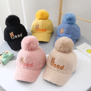 Children teddy fleece baseball caps with bear embroidery and fur balls in five colors