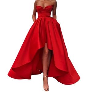 Elegant red satin strapless evening gown with a high-low hem and sweetheart neckline