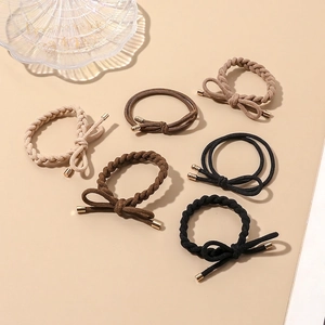 Set of six high-elasticity earth-tone braided hair ties with decorative bows and gold tips