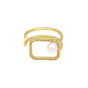 Detail of 18k gold plated open ring with rectangular zircon frame and white pearl inlay