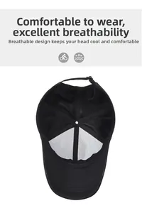 Detail view of the breathable mesh inner lining and adjustable buckle of the black baseball cap