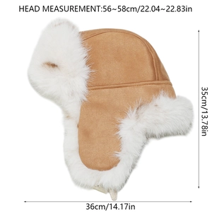Size guide for faux fur aviator hat showing 56-58cm circumference and dimensions