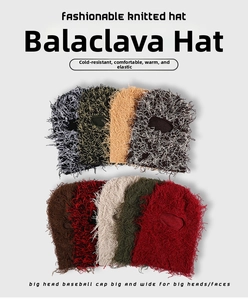 Close-up of colorful fringe knit balaclava masks showing warm and elastic texture
